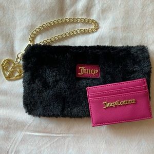 Juicy Couture wristlet faux fur black hot pink gold chain with card case y2k